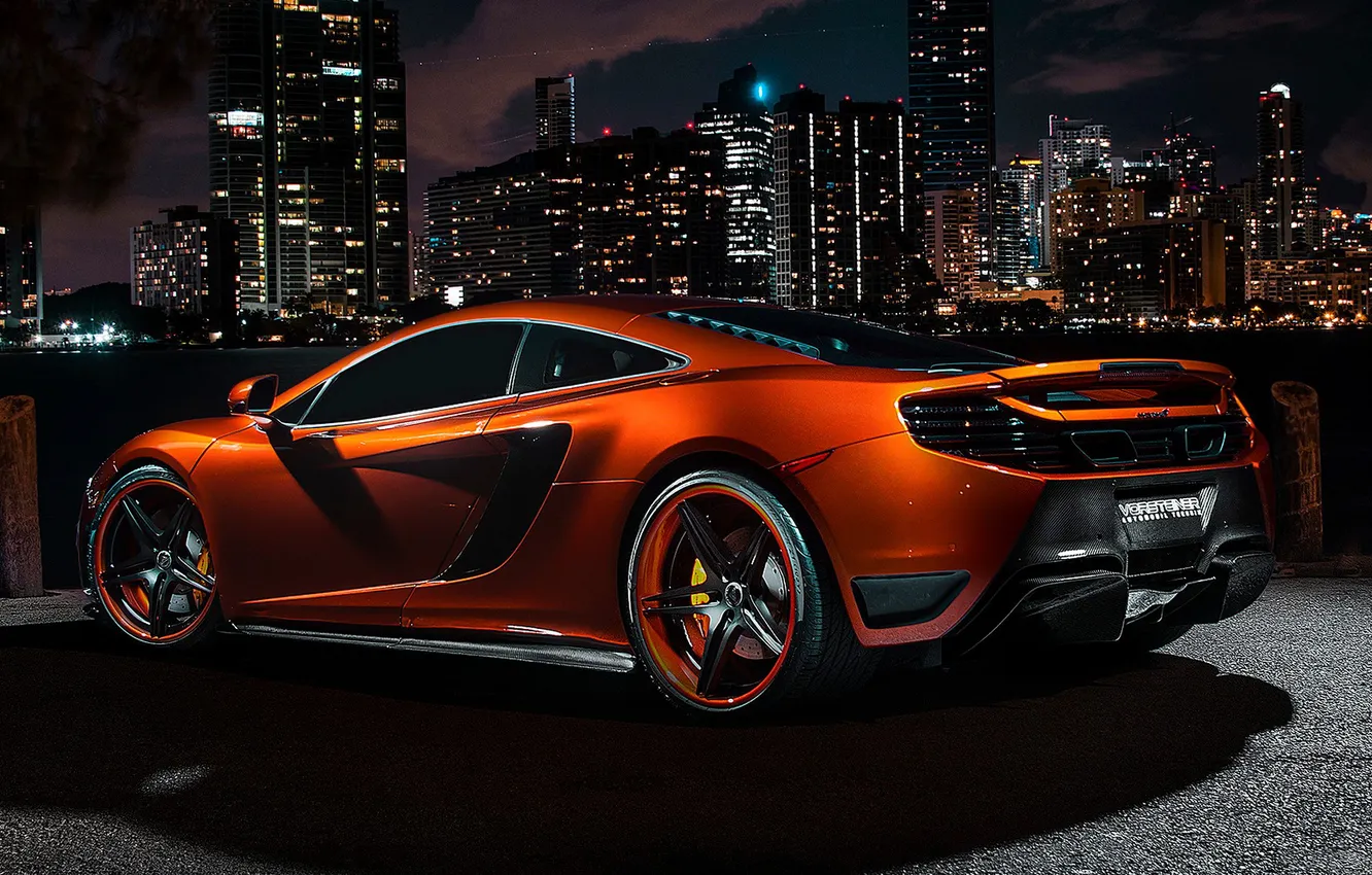 Photo wallpaper night, orange, the city, lights, sports car, drives, McLaren MP4 12C