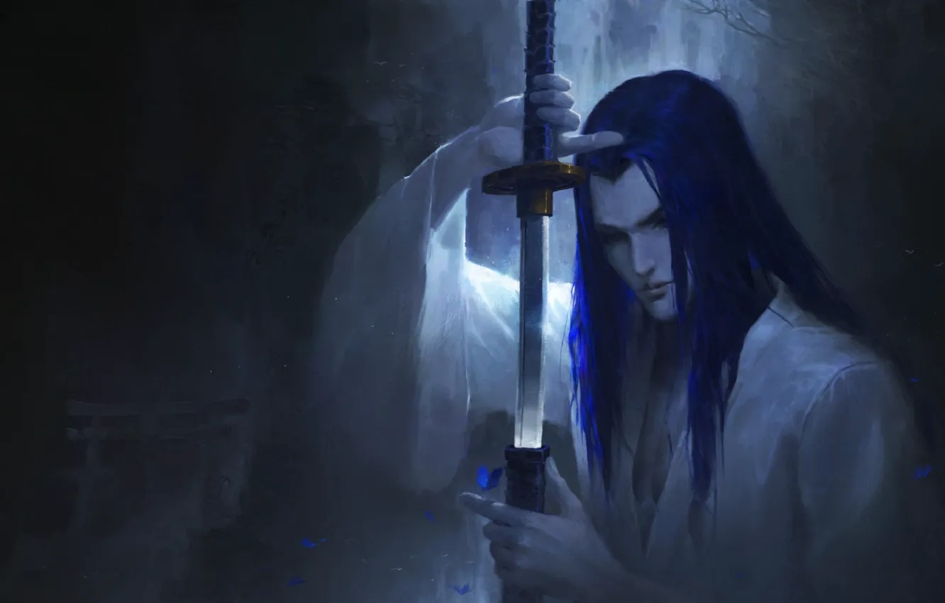 Photo wallpaper katana, samurai, long hair, sheath, in the dark, by Leo, Samurai Shodown, Tachibana Ukio