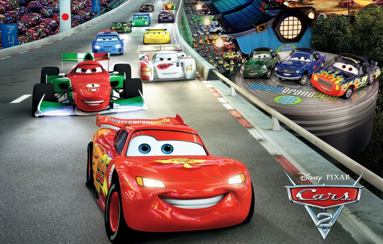 Photo wallpaper lightning, sports car, Pixar, track, cars 2, cars 2