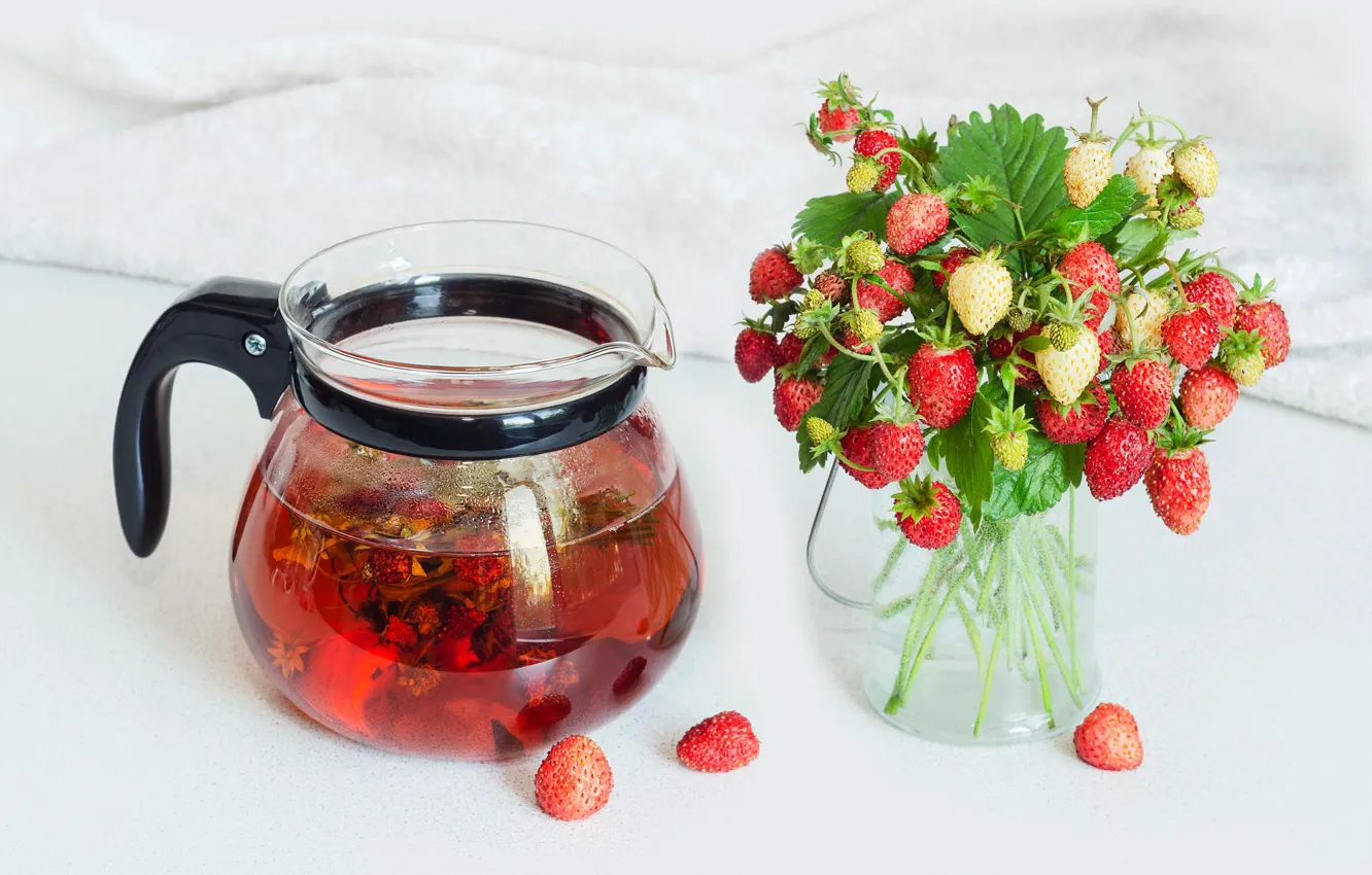 Photo wallpaper berries, table, tea, towel, kettle, strawberries, the tea party, Bank