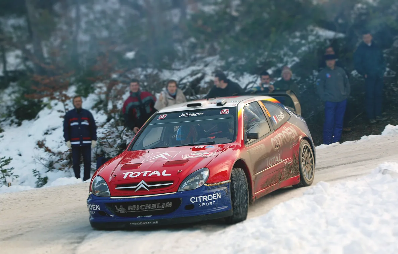 Photo wallpaper Red, Winter, Auto, Snow, Sport, Machine, Turn, Race