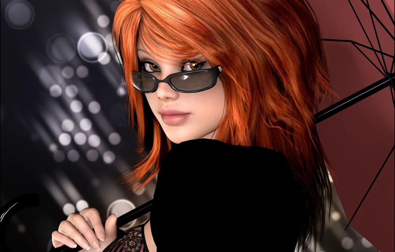 Photo wallpaper girl, umbrella, umbrella, glasses, red