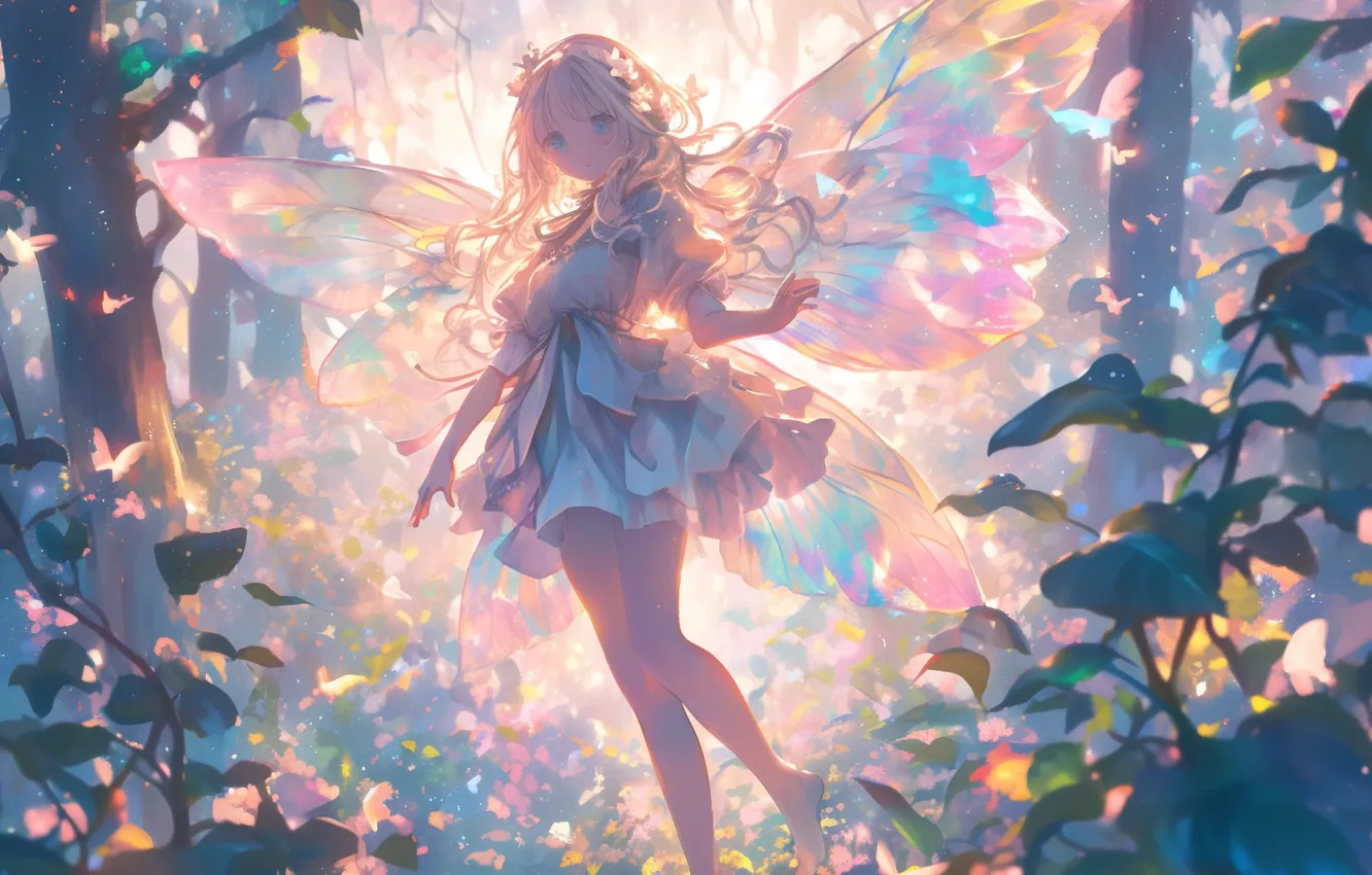 Photo wallpaper Girl, Look, Trees, Forest, Blonde, Hair, Wings, Fairy