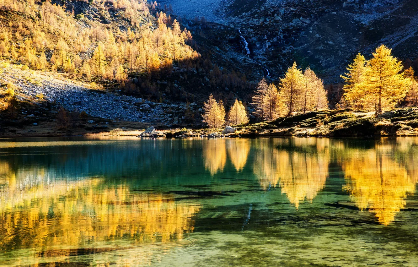 Photo wallpaper autumn, trees, sunset, mountains, lake, reflection