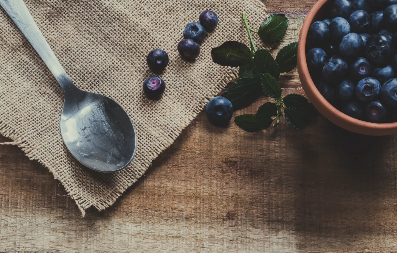 Photo wallpaper berries, table, Board, Breakfast, blueberries, spoon, Cup, bowl