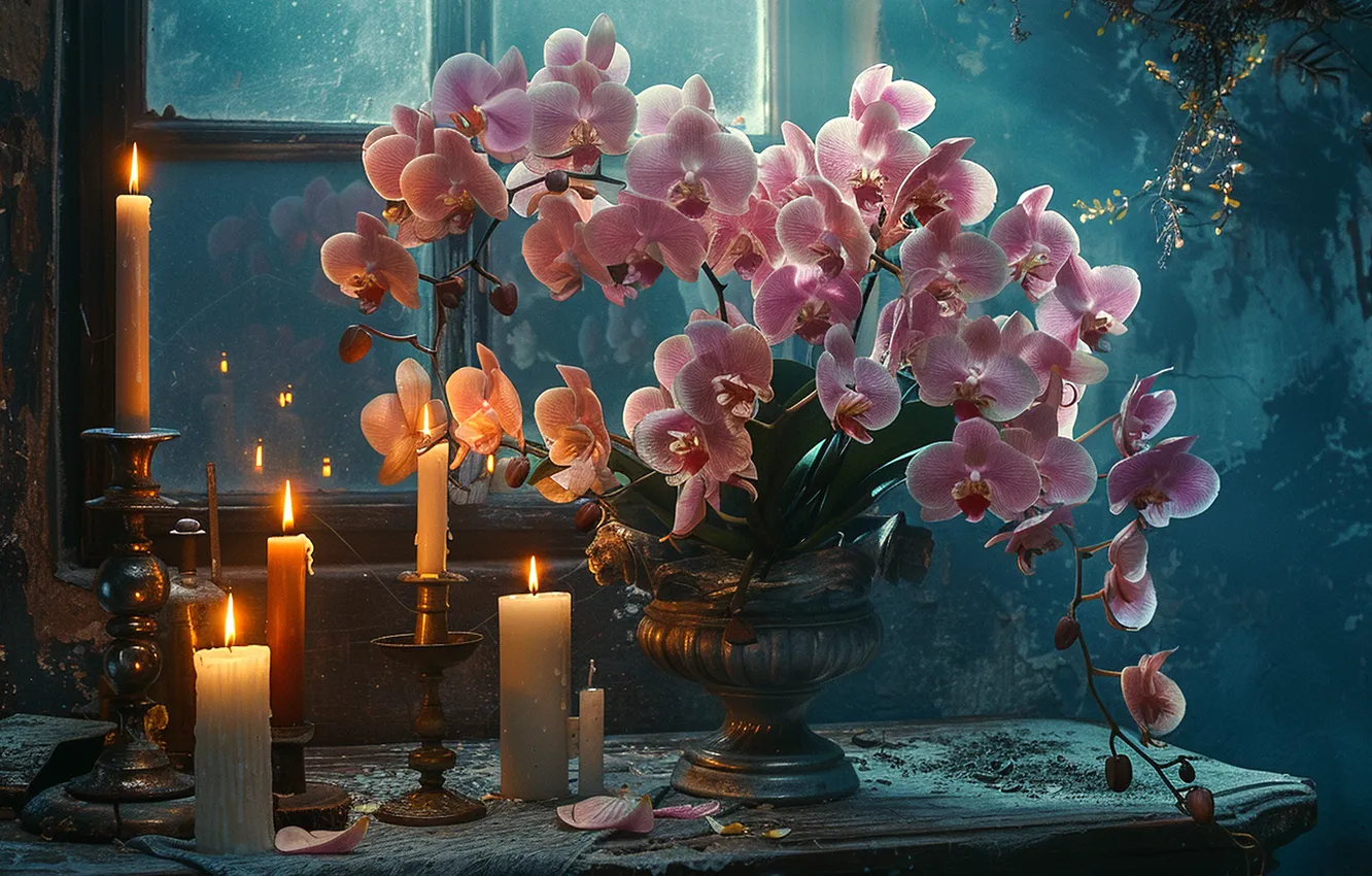Photo wallpaper light, flowers, table, wall, bouquet, dust, candles, petals
