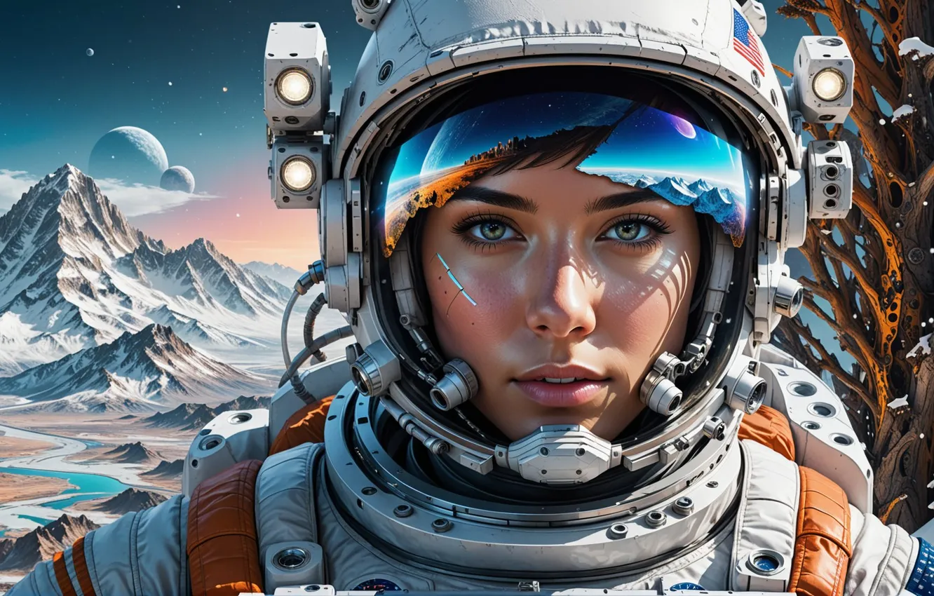 Photo wallpaper look, girl, landscape, mountains, astronaut, the suit