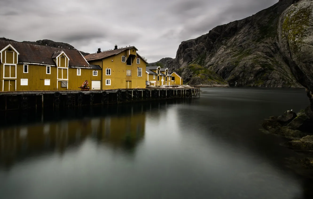 Photo wallpaper sea, mountains, rocks, home, village, Norway, the fjord