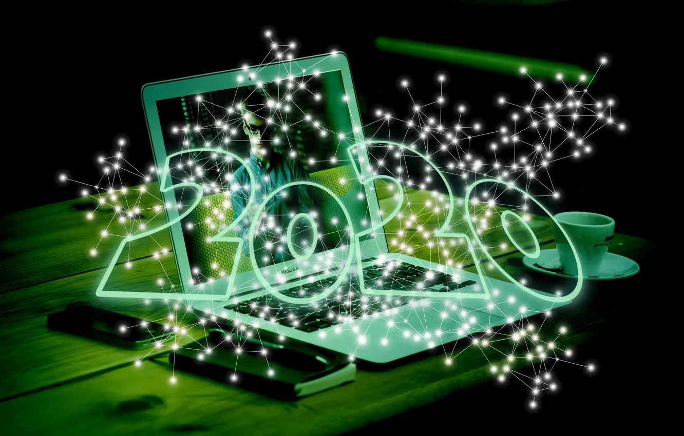 Photo wallpaper table, new year, Cup, Notepad, laptop, smartphone, coming, 2020