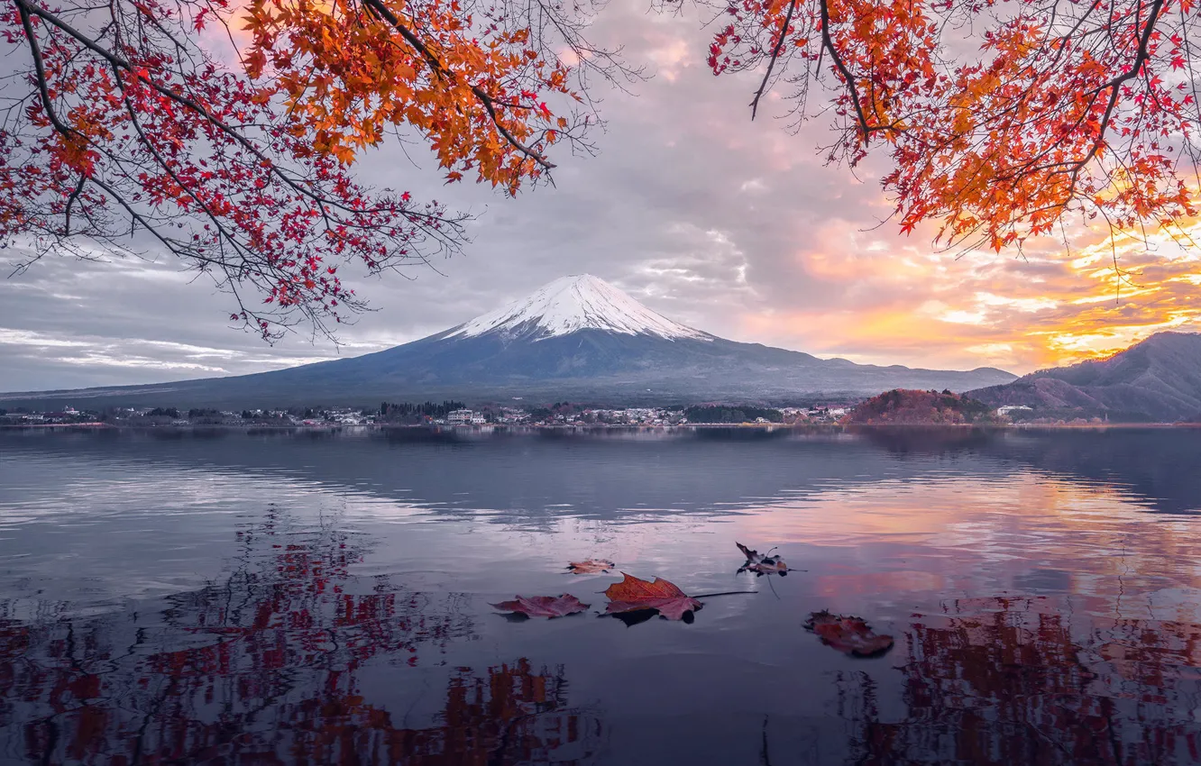 Photo wallpaper autumn, the sky, leaves, clouds, snow, trees, sunset, mountains