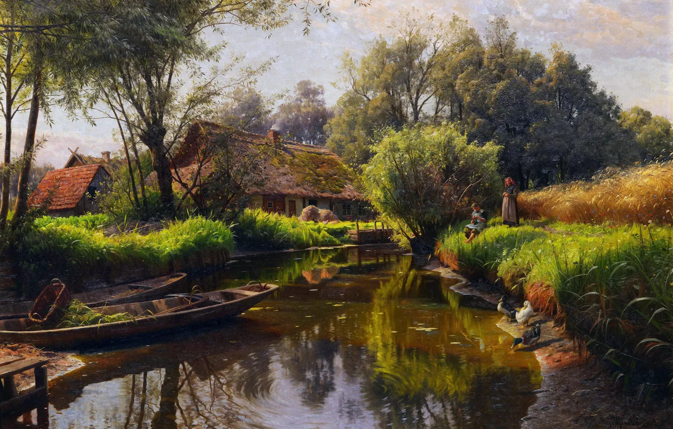 Photo wallpaper trees, boat, home, picture, river, Peder Mork Monsted, Danish painter, Peter Merk Of Menstad