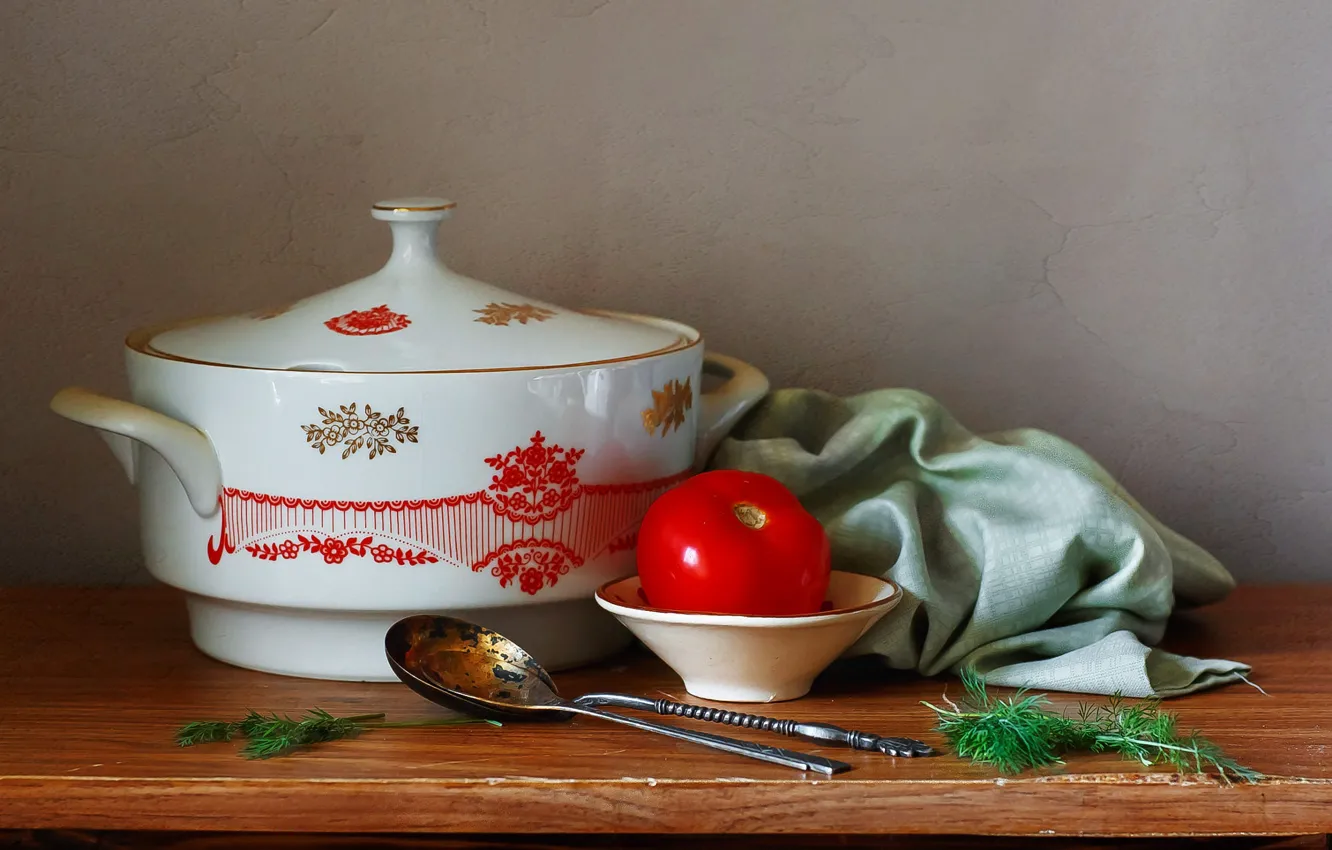 Photo wallpaper table, towel, dill, spoon, pan, still life, tomatoes, tureen