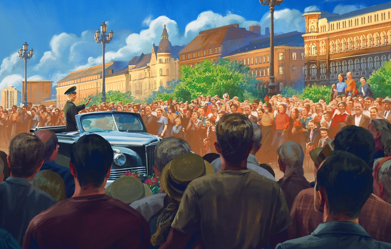 Photo wallpaper holiday, the crowd, people, meeting, art, USSR, car, Yuri Alekseyevich Gagarin