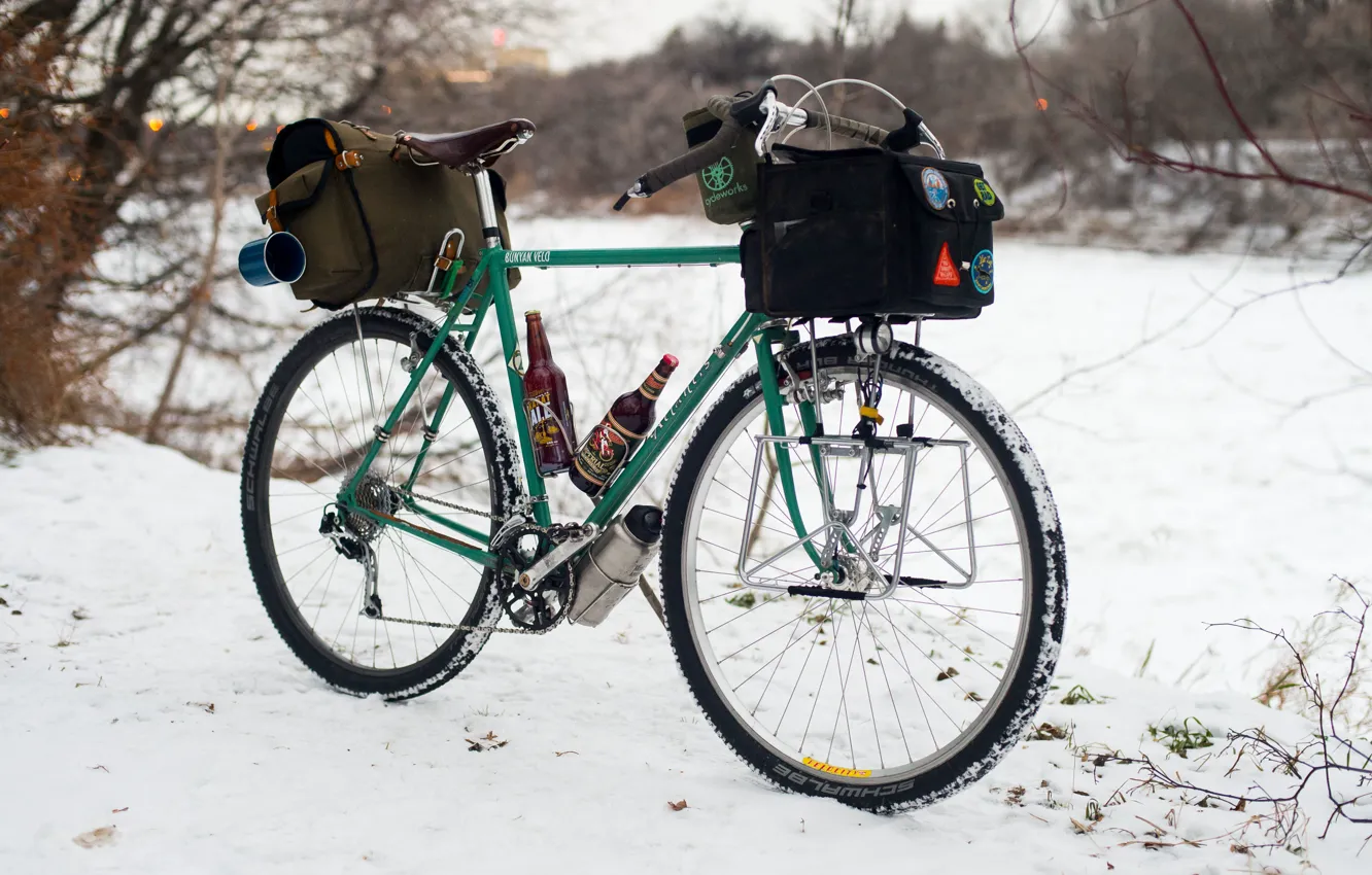 Photo wallpaper winter, snow, bike, lights, beer, Cup, adventure, bags