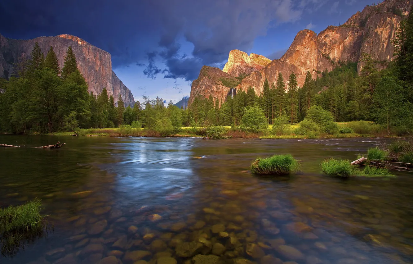 Photo wallpaper landscape, mountains, river, California, Yosemite National Park