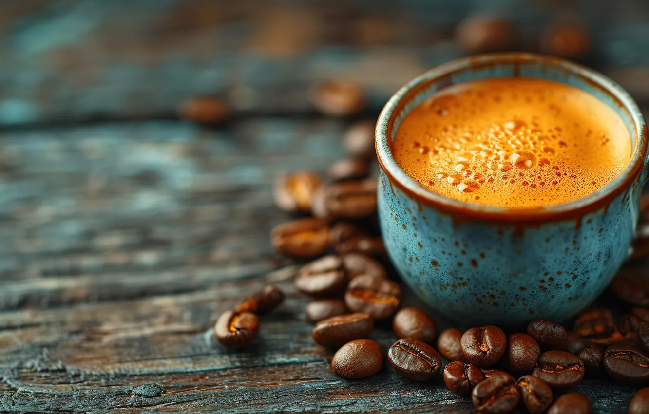 Photo wallpaper grain, wood, cup, beans, coffee, cozy, a Cup of coffee