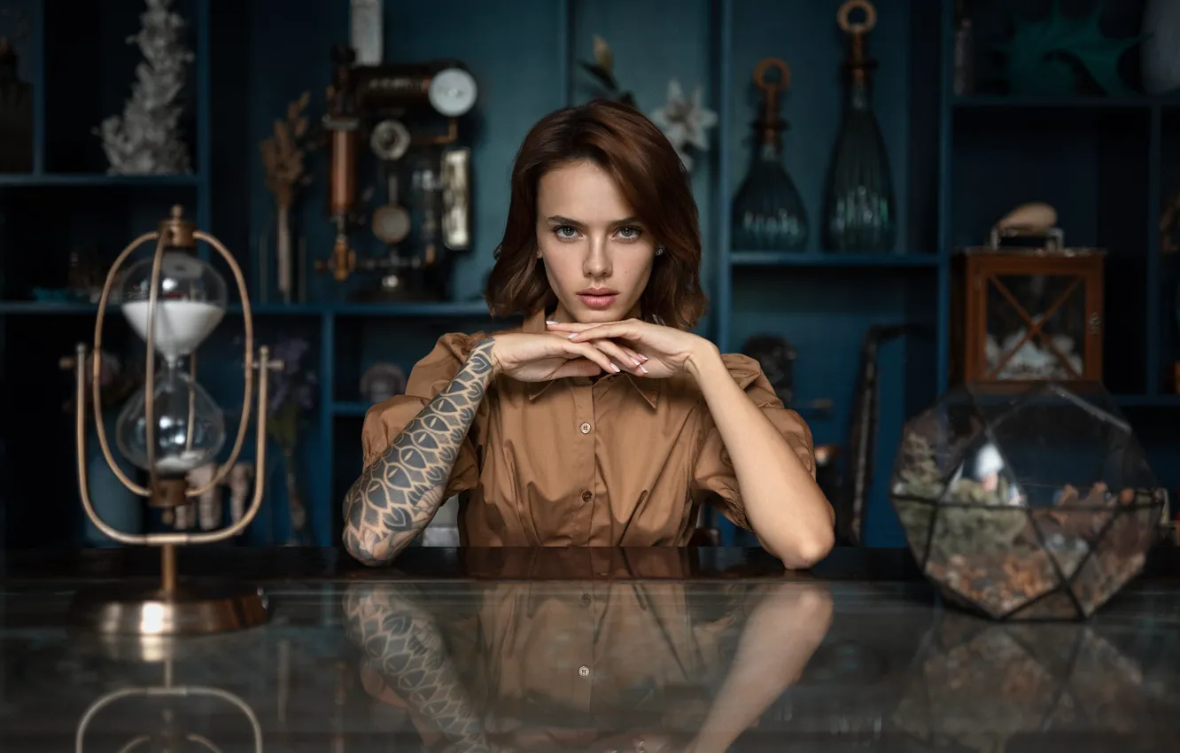 Photo wallpaper look, glass, girl, pose, reflection, table, room, portrait