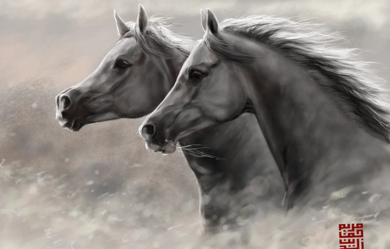 Photo wallpaper horses, horse, art, running, pair, head