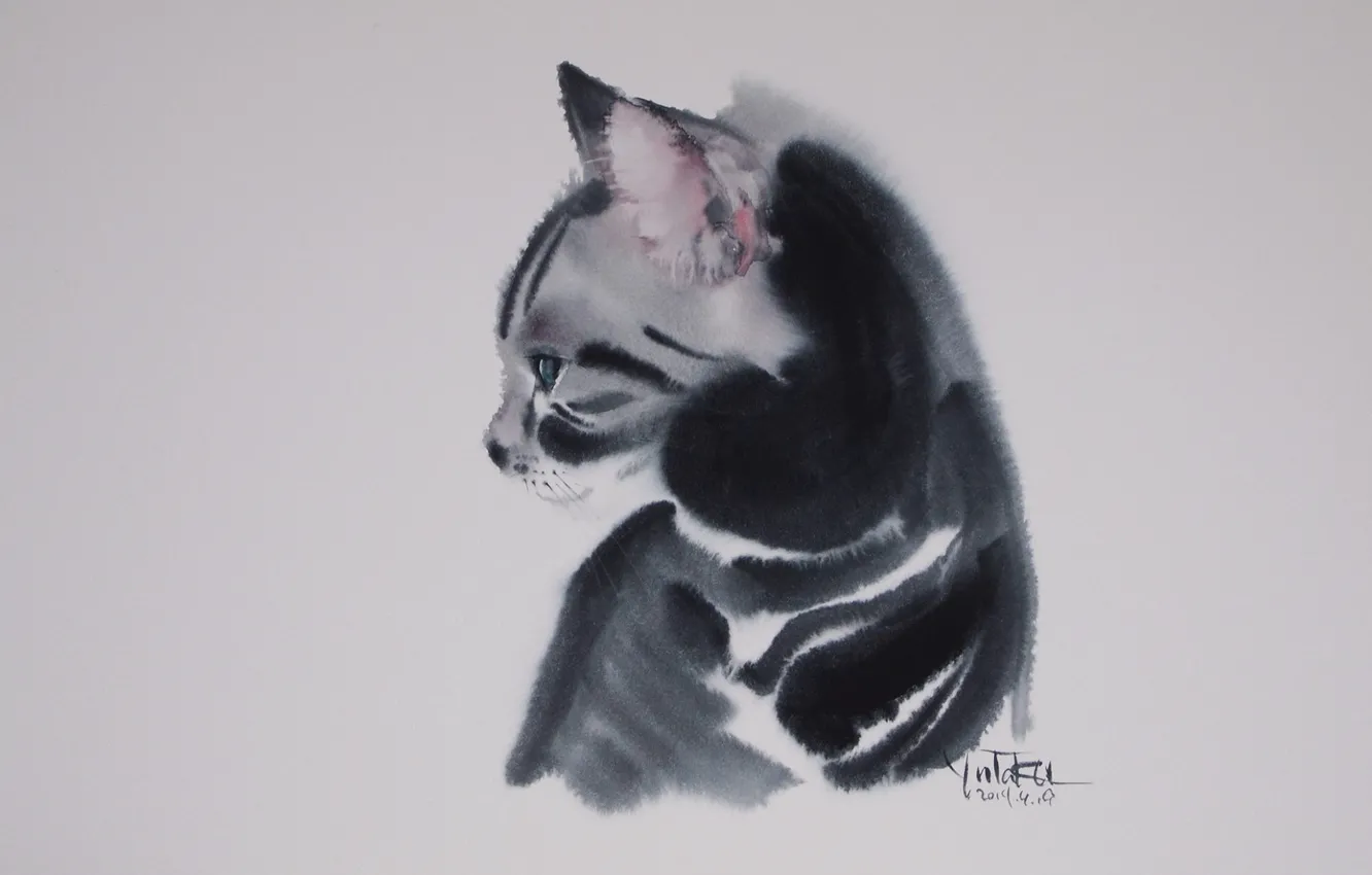 Photo wallpaper watercolor, grey background, art, tabby cat, Tabelkami Win In Mura