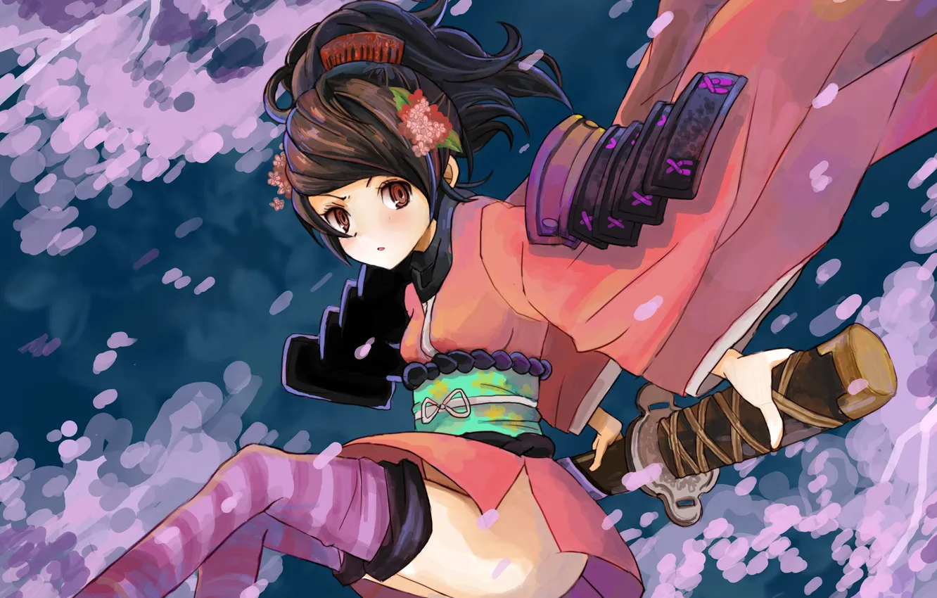 Photo wallpaper look, girl, flight, weapons, surprise, sword, Sakura, kimono