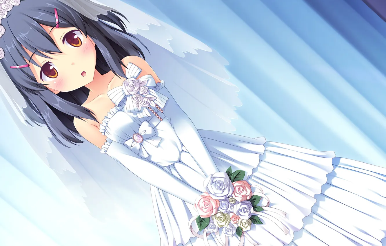 Photo wallpaper girl, dress, blush, a bouquet of flowers, veil, game cg, Melty Moment, Fujibayashi Misao