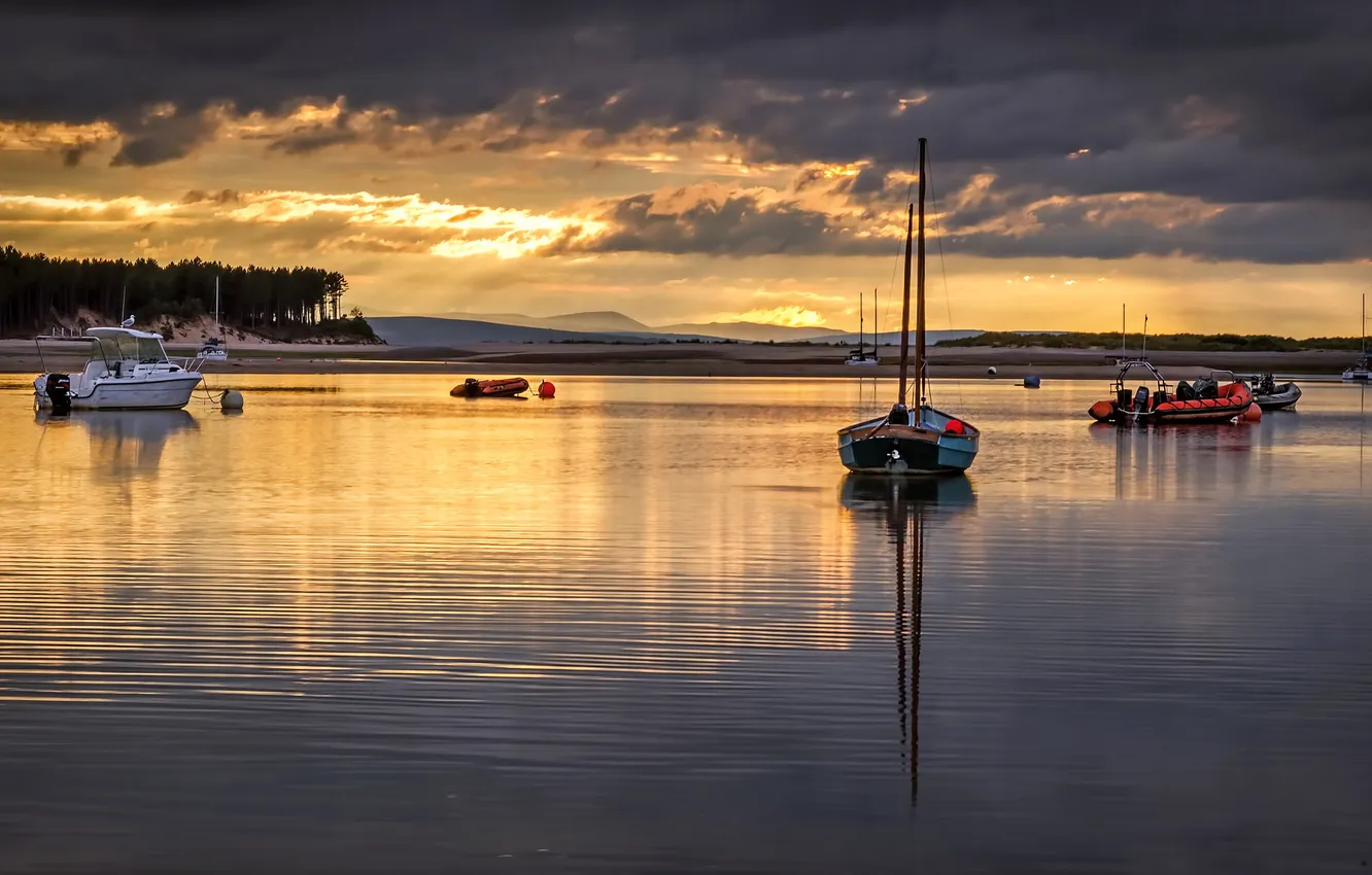 Photo wallpaper sunset, lake, boats