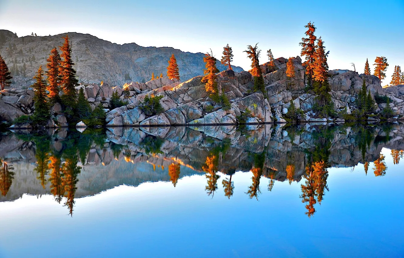 Photo wallpaper autumn, trees, lake, reflection, rocks