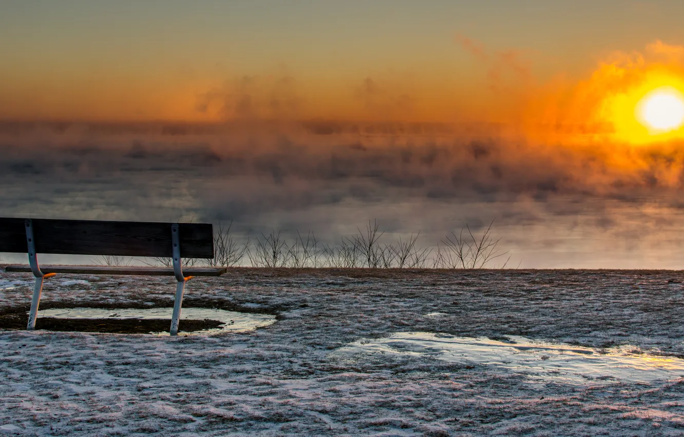 Photo wallpaper landscape, sunset, fog, bench