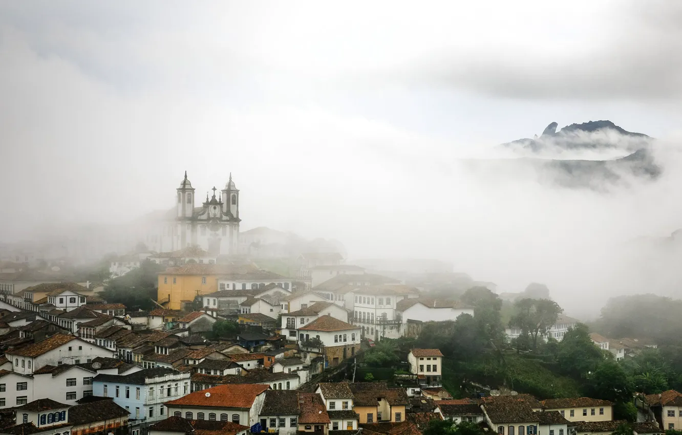 Photo wallpaper clouds, fog, home, slope, Church, Brazil, Ouro Preto