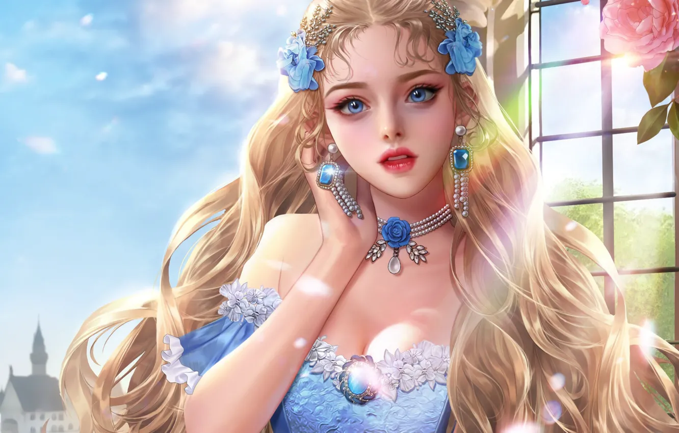 Photo wallpaper earrings, neckline, blue eyes, princess, blue dress, flowing hair, gem, pearl pendant