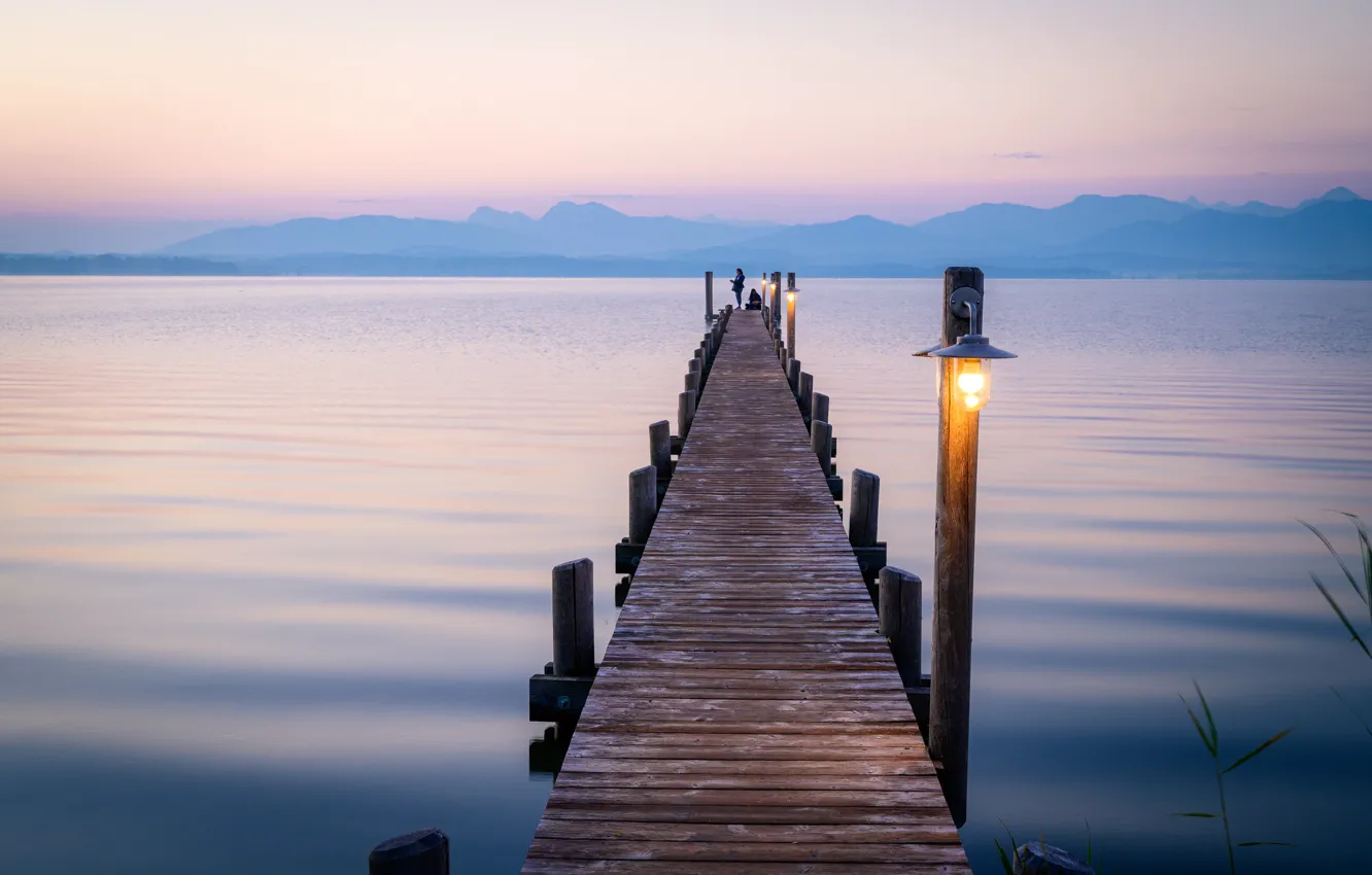 Photo wallpaper lake, shore, posts, morning, Germany, pier, lights, Chiemsee