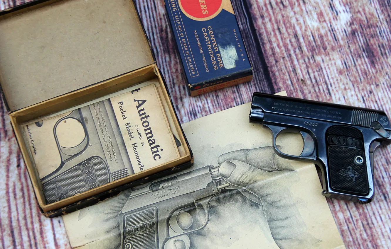 Photo wallpaper gun, box, Colt, pocket, semi-automatic, manual, Model 1908, Vest Pocket