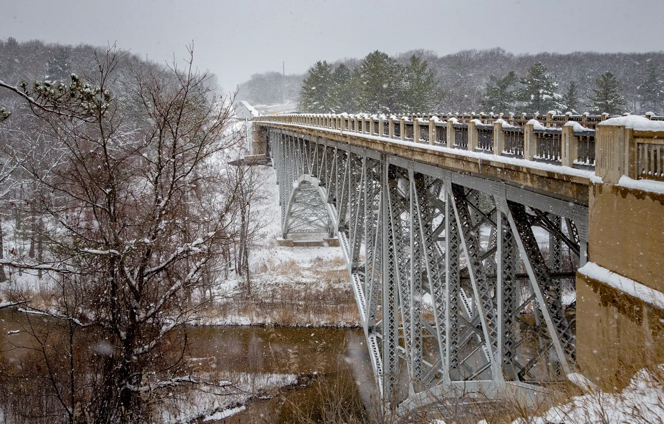 Photo wallpaper winter, snow, trees, bridge, river, Michigan, Michigan, River Pine