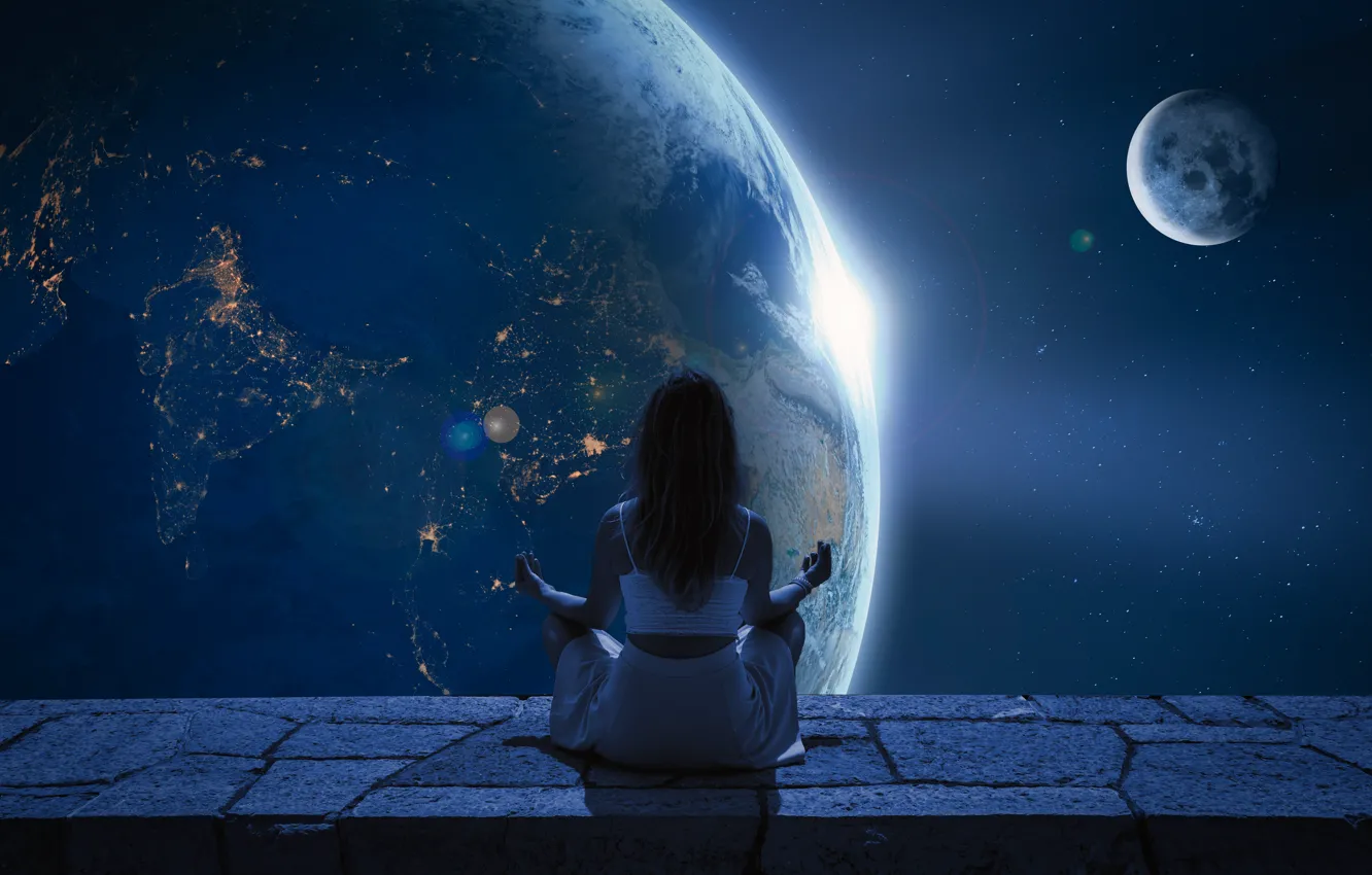 Photo wallpaper girl, space, stars, light, night, space, pose, rendering
