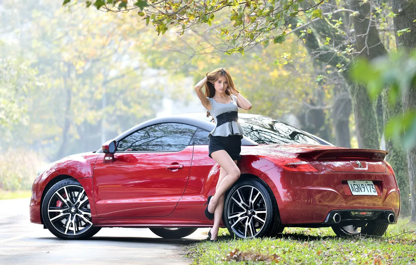 Photo wallpaper look, girl, Peugeot, Asian, beautiful girl, red car, posing on the car