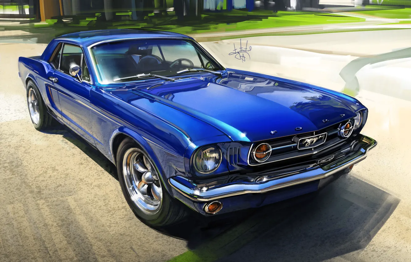 Photo wallpaper machine, blue, Ford Mustang, drawn