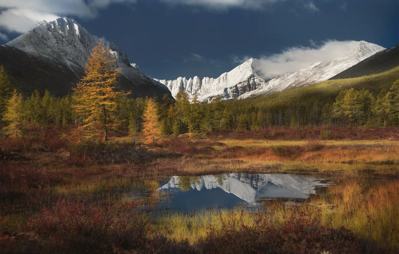 Photo wallpaper autumn, forest, grass, clouds, snow, mountains, lake, reflection