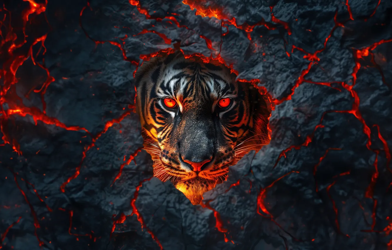 Photo wallpaper graphics, wallpaper, tiger, lava, head, AI Art