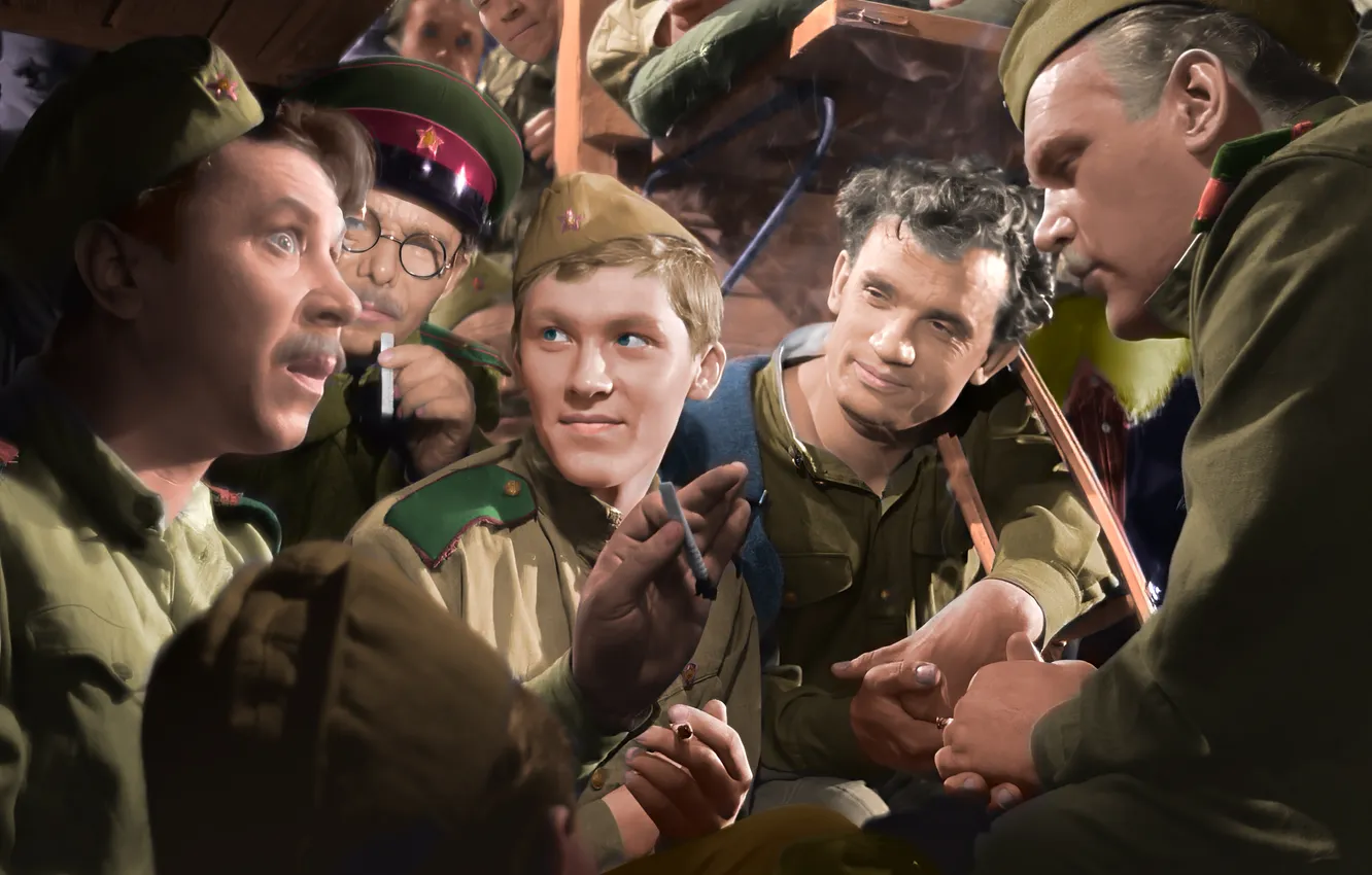 Photo wallpaper retro, movie, war, people, cars, soldiers, the conversation