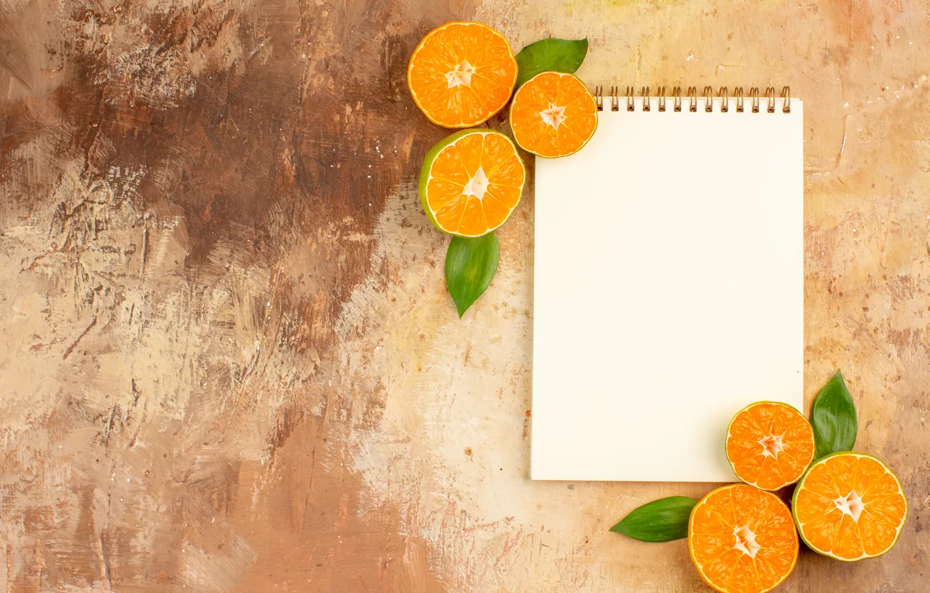 Photo wallpaper leaves, Notepad, tangerines