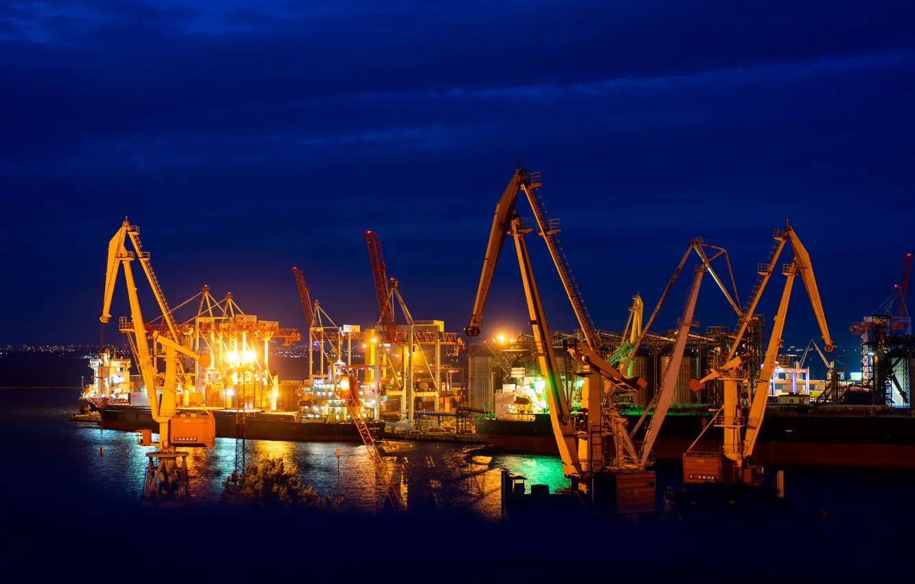 Photo wallpaper sea, night, crane, port