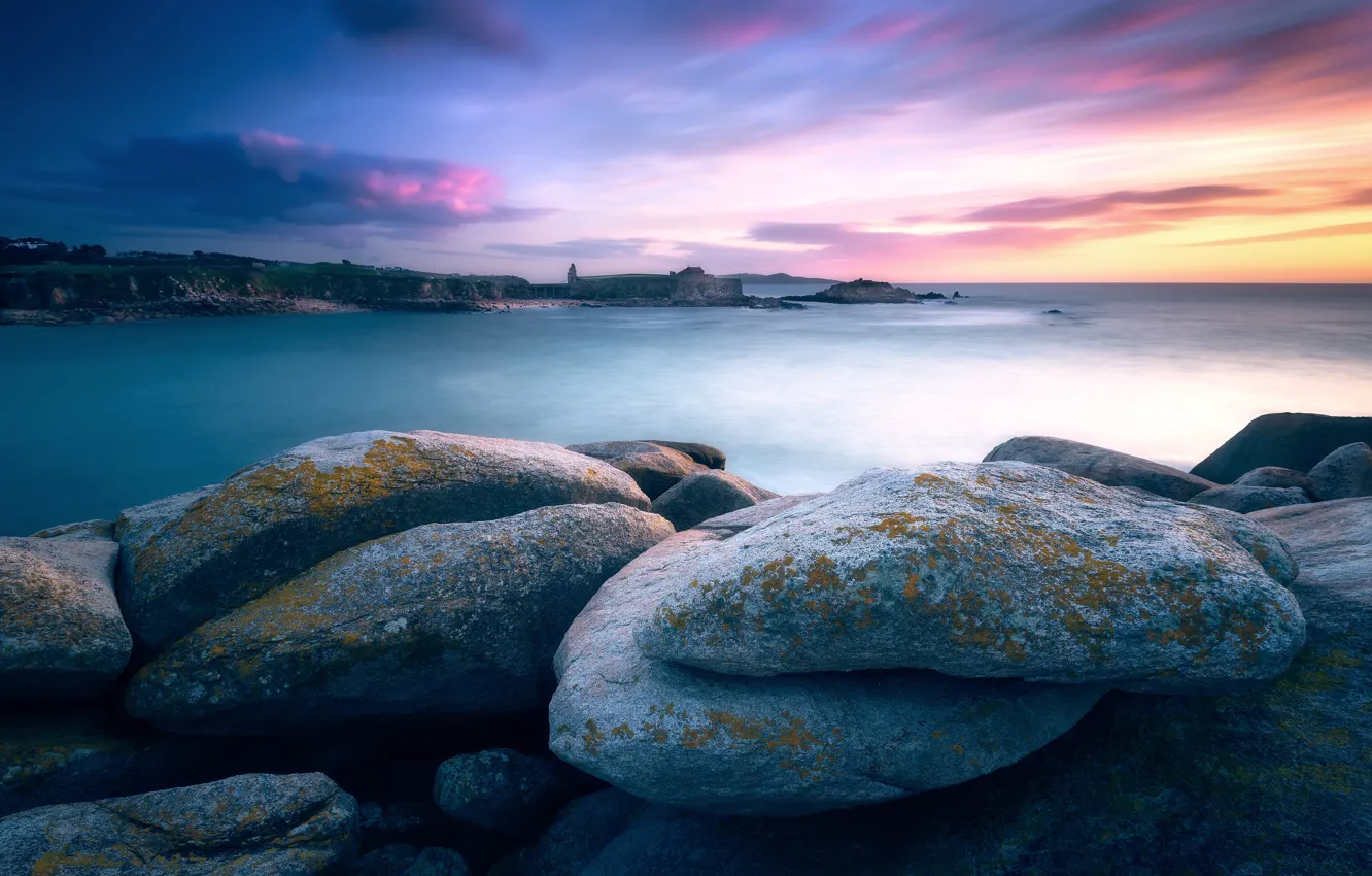 Photo wallpaper sunset, river, stones