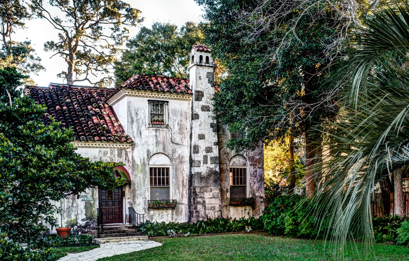 Photo wallpaper trees, sunset, shadow, FL, USA, USA, house, lawn