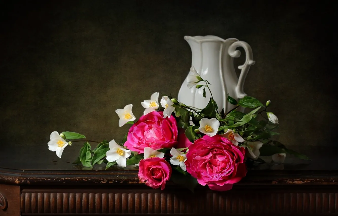 Photo wallpaper flowers, style, background, roses, pitcher, still life, Jasmine