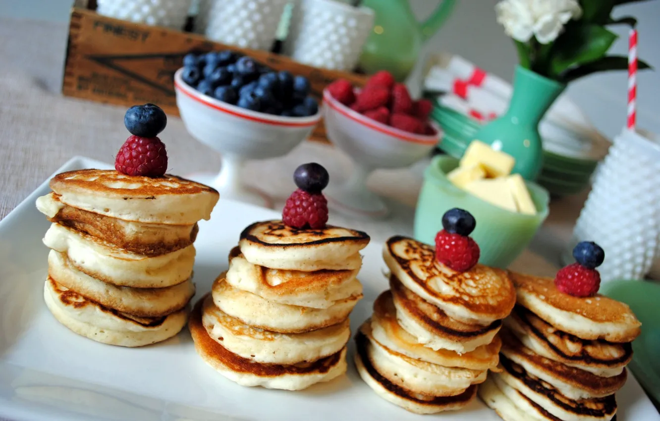 Photo wallpaper berries, Breakfast, cakes, pancakes