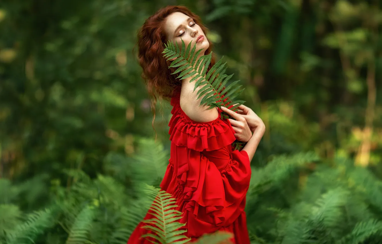 Photo wallpaper girl, pose, sheet, mood, red, red dress, fern, redhead