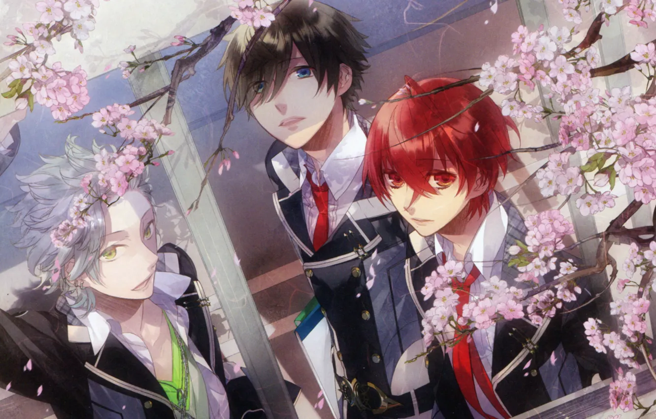 Photo wallpaper Sakura, window, form, flowering, three, art, starry sky, students