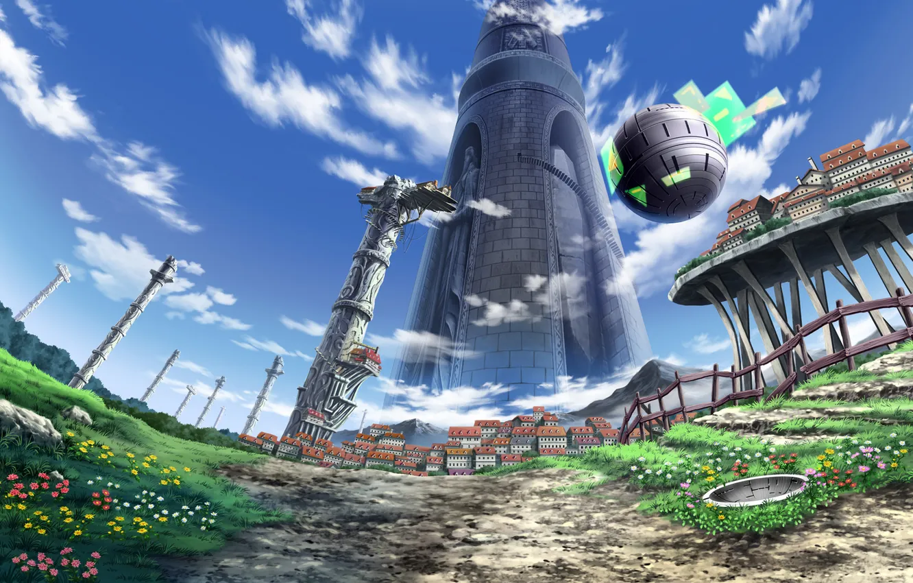 Photo wallpaper clouds, landscape, flowers, fiction, balls, tower, home, columns