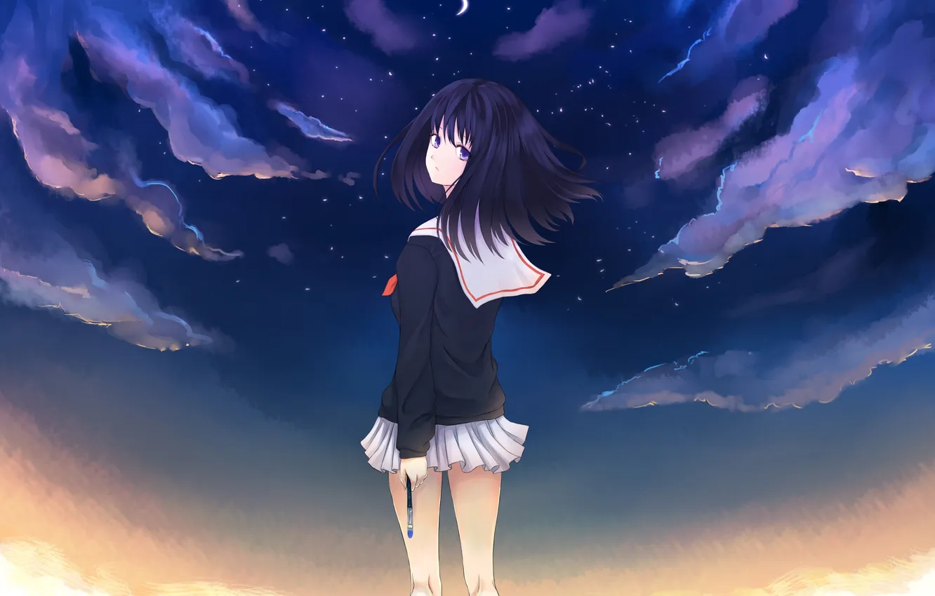 Photo wallpaper look, girl, paint, picture, schoolgirl, brush, art, devildogs