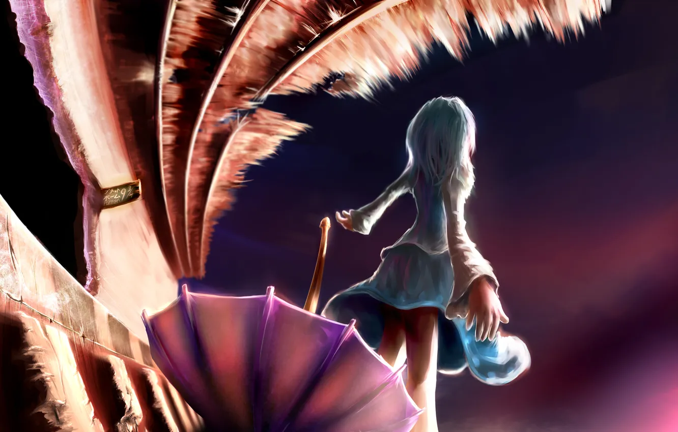 Photo wallpaper girl, sunset, umbrella, art, platform, touhou, Harry Potter, tatara kogas the